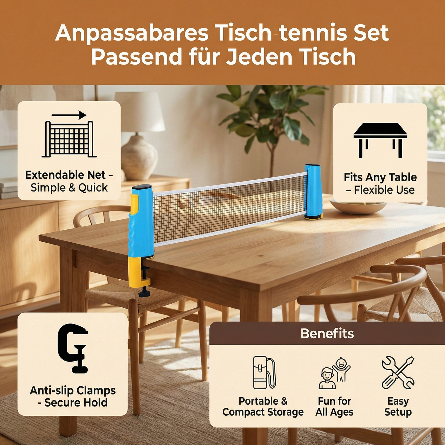 Adjustable table tennis set - Fits any table!