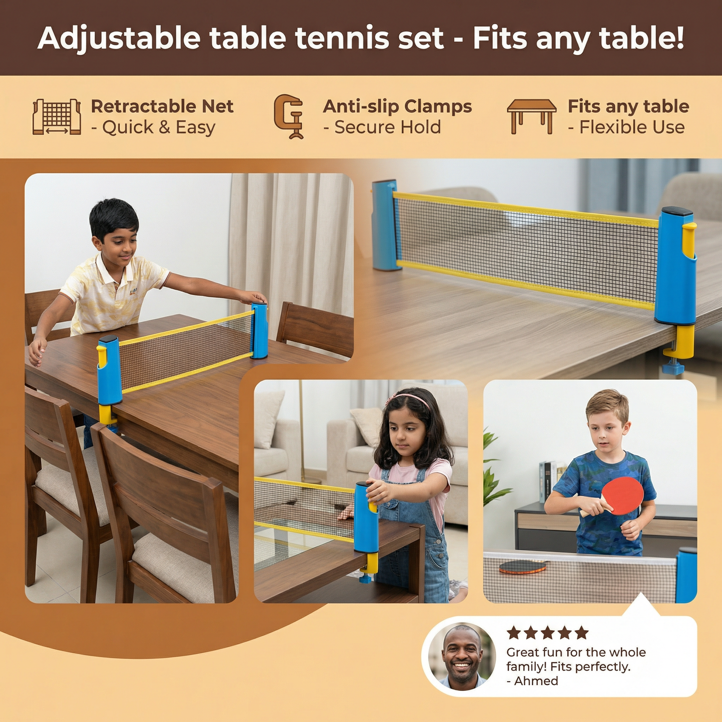 Adjustable table tennis set - Fits any table!