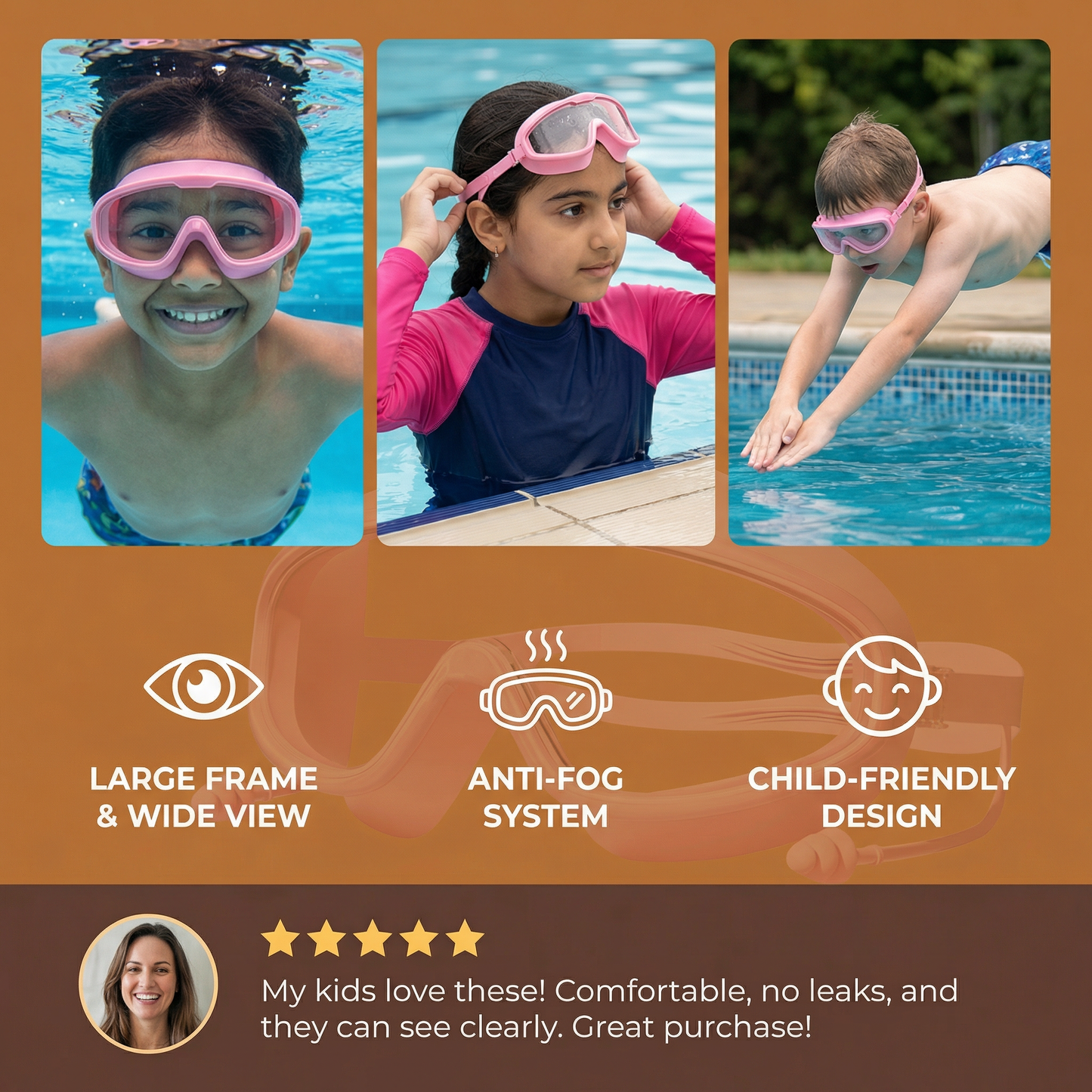 Child-Friendly Swim Goggles with Large Frame & Anti-Fog System