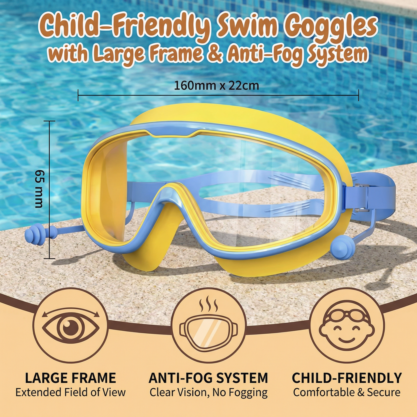 Child-Friendly Swim Goggles with Large Frame & Anti-Fog System